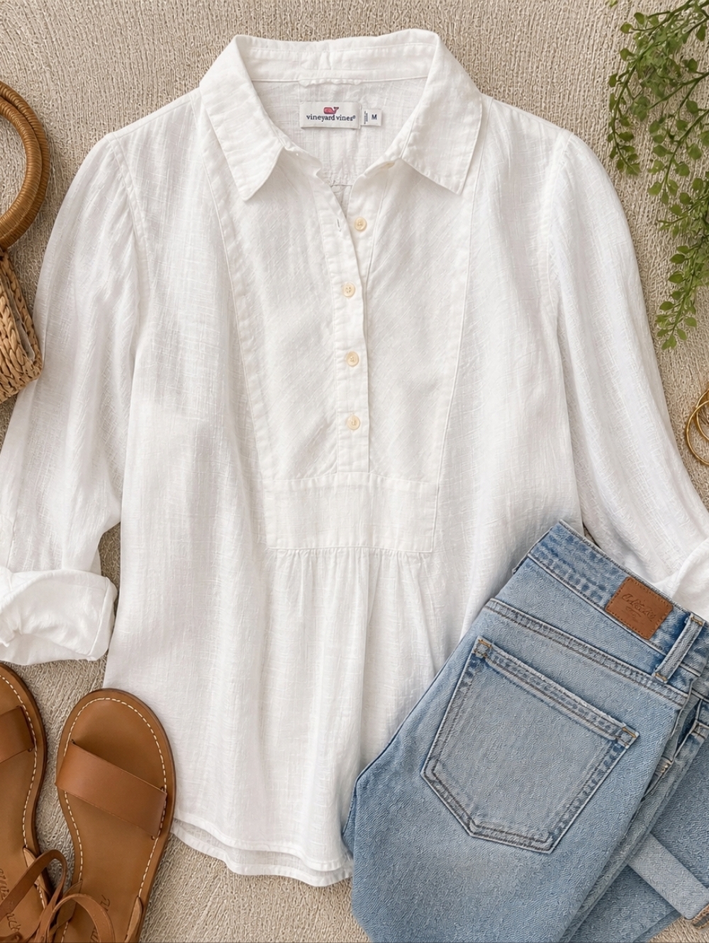 Vineyard Vines Ivory Popover Blouse Medium 3/4 Sleeve Lightweight Top